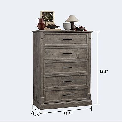 Tall 5-Drawer Farmhouse Dresser, Rustic Wood Storage Chest for Bedroom