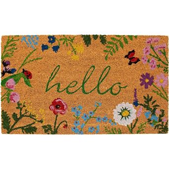 24" X 36" Natural and Green Coir Floral Hello Outdoor Door Mat