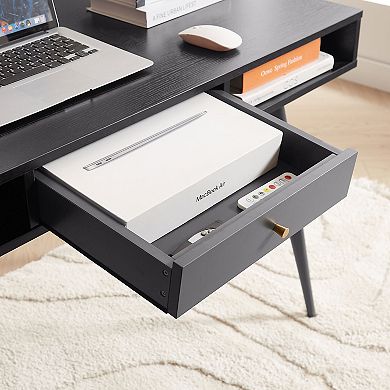 Aurora Ascent Black 47-in. Mid-Century Modern Desk with USB Ports & Power Outlets