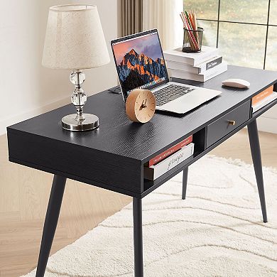 Aurora Ascent Black 47-in. Mid-Century Modern Desk with USB Ports & Power Outlets