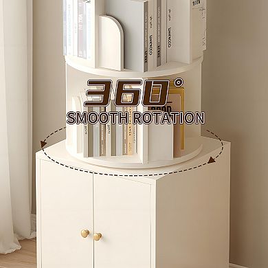 Aurora Ascent White 5-Tier 360-Degree Rotating Bookshelf with Storage Drawer