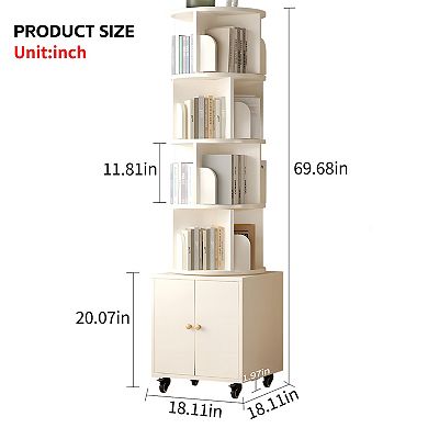 Aurora Ascent White 5-Tier 360-Degree Rotating Bookshelf with Storage Drawer