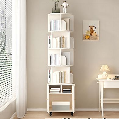 Aurora Ascent White 5-Tier 360-Degree Rotating Bookshelf with Storage Drawer