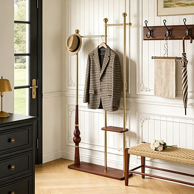 Aurora Ascent Natural & Gold 70-in. Industrial Solid Wood Coat Rack