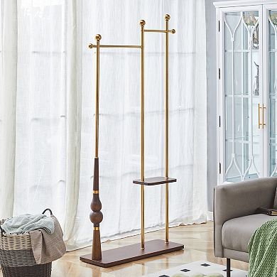 Aurora Ascent Natural & Gold 70-in. Industrial Solid Wood Coat Rack