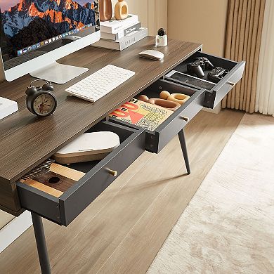 Aurora Ascent Walnut & Dark Grey 47-in. Mid-Century Modern 3-Drawer Desk