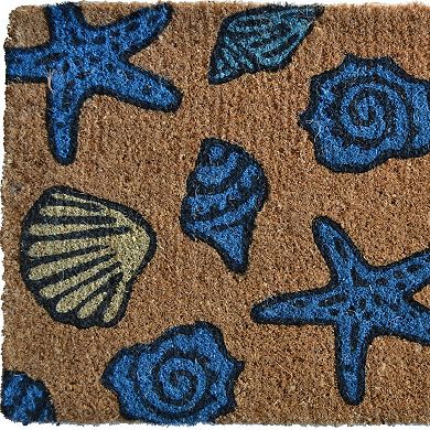 HomeRoots 18" X 30" Blue and Brown Coir Seashells Outdoor Door Mat