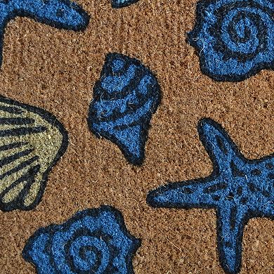 HomeRoots 18" X 30" Blue and Brown Coir Seashells Outdoor Door Mat