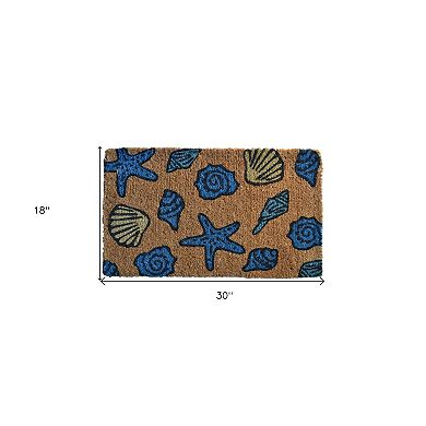 HomeRoots 18" X 30" Blue and Brown Coir Seashells Outdoor Door Mat