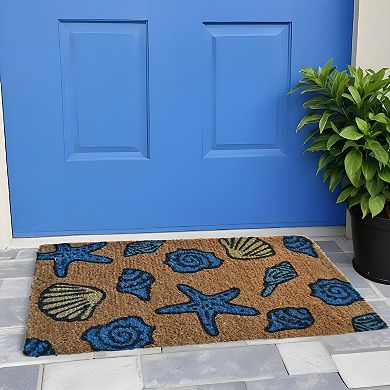 HomeRoots 18" X 30" Blue and Brown Coir Seashells Outdoor Door Mat