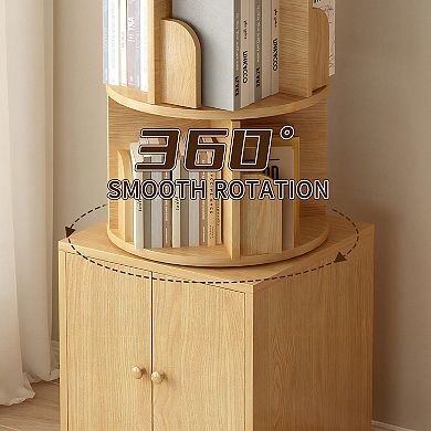 Aurora Ascent Natural 5-Tier 360-Degree Rotating Bookshelf with Storage Drawer