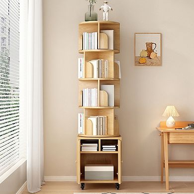 Aurora Ascent Natural 5-Tier 360-Degree Rotating Bookshelf with Storage Drawer