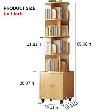 Aurora Ascent Natural 5-Tier 360-Degree Rotating Bookshelf with Storage Drawer