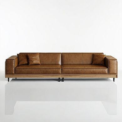 111.8'' Mid Century Modern 4 Seat Leather Sofa With Wide Armrests