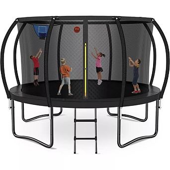 Zevemomo 12FT Trampoline w/ Safety Net, Ladder & Hoop,ASTM Approved Outdoor Pumpkin Trampoline,Black