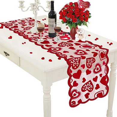 Red Heart Lace Table Runner 13x72 Inch Valentine’s Day Romantic Table Decor