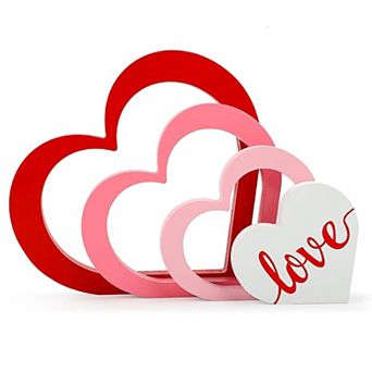 Wooden Heart Decor Set, 4 pc Red, Pink, White for Valentine’s Day Table, Shelf & Office