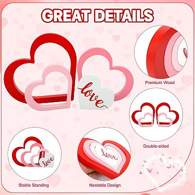 Wooden Heart Decor Set, 4-Piece Red, Pink, White for Valentine’s Day Table, Shelf & Office