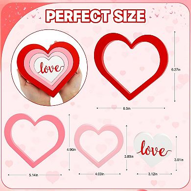 Wooden Heart Decor Set, 4-Piece Red, Pink, White for Valentine’s Day Table, Shelf & Office