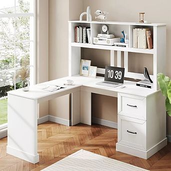 Zevemomo 60" L Shaped Corner Desk with Hutch and Drawers, Modern White Computer Desk for Home Office
