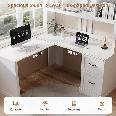 Zevemomo 60" L Shaped Corner Desk with Hutch and Drawers, Modern White Computer Desk for Home Office