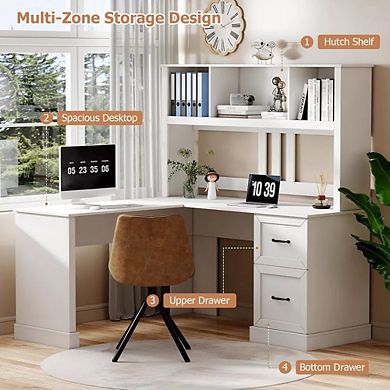 Zevemomo 60" L Shaped Corner Desk with Hutch and Drawers, Modern White Computer Desk for Home Office