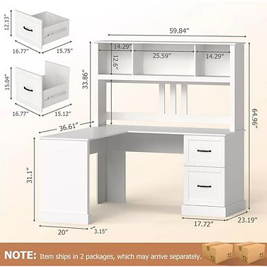 Zevemomo 60" L Shaped Corner Desk with Hutch and Drawers, Modern White Computer Desk for Home Office
