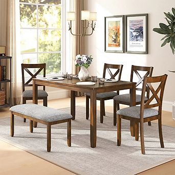 Zevemomo 6 pc Solid Wood Dining Set with Table, 4 Upholstered Chairs & Bench, Walnut