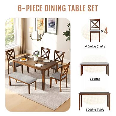 Zevemomo 6-Pieces Solid Wood Dining Set with Table, 4 Upholstered Chairs & Bench, Walnut