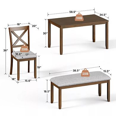 Zevemomo 6-Pieces Solid Wood Dining Set with Table, 4 Upholstered Chairs & Bench, Walnut