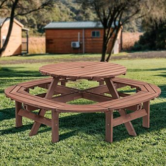 Zevemomo 12 Person Round Wooden Picnic Table with Built In Stool, 500lb Capacity, Walnut Brown