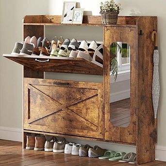 Zevemomo 40.51" Shoe Storage Cabinet with Mirror, 2 Flip Drawers & Adjustable Shelves in Dark, Brown