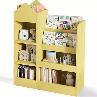 Zevemomo 4 tier Wooden Kids Bookshelf & Toy Storage, Yellow Bookcase for Playroom Classroom Bedroom