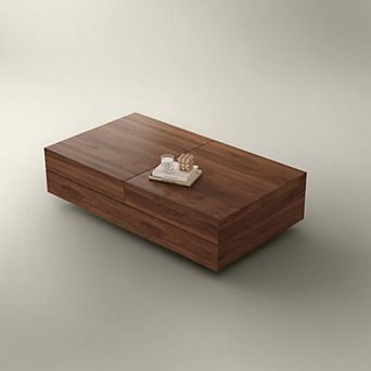 Modern Walnut Rectangular Coffee Table With Sliding Top And Hidden Storage, Elegant Living Room Furn