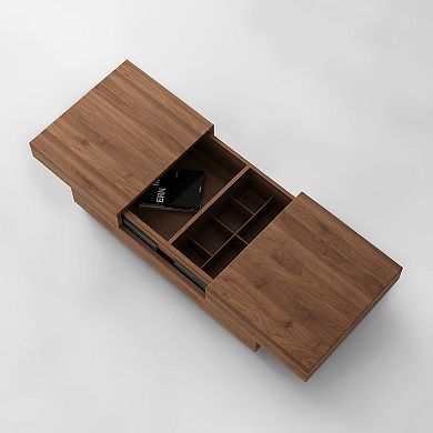 Modern Walnut Rectangular Coffee Table With Sliding Top And Hidden Storage, Elegant Living Room Furn