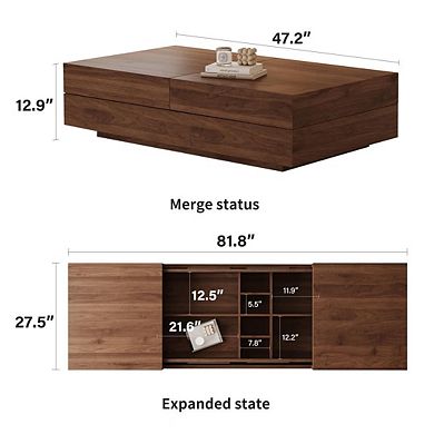 Modern Walnut Rectangular Coffee Table With Sliding Top And Hidden Storage, Elegant Living Room Furn