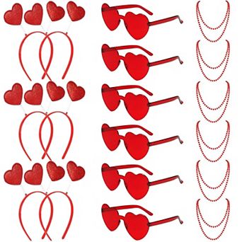 24 pc Valentine's Heart Headbands, Necklaces & Sunglasses Set, Party Favors for Weddings & More