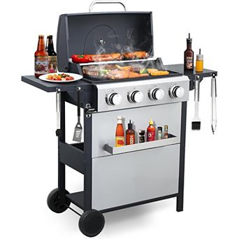 Zevemomo High-Power 4-Burner Propane Gas Grill with Foldable Side Tables and Spice Rack