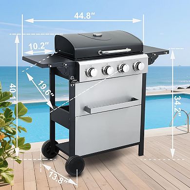 Zevemomo High-Power 4-Burner Propane Gas Grill with Foldable Side Tables and Spice Rack