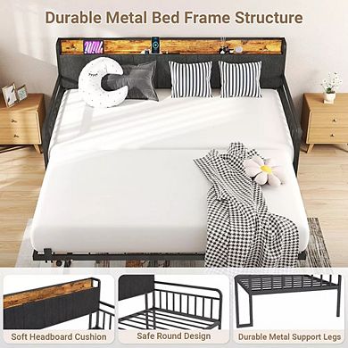 Zevemomo Twin Daybed with Pop-Up Trundle & LED Headboard, Heavy Duty Metal Bed Frame, Black