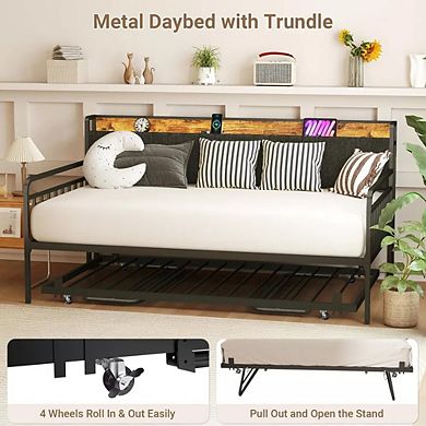 Zevemomo Twin Daybed with Pop-Up Trundle & LED Headboard, Heavy Duty Metal Bed Frame, Black