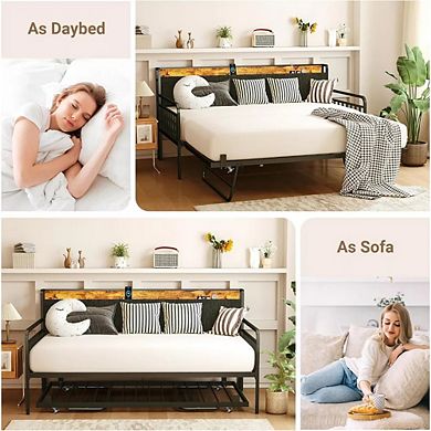 Zevemomo Twin Daybed with Pop-Up Trundle & LED Headboard, Heavy Duty Metal Bed Frame, Black