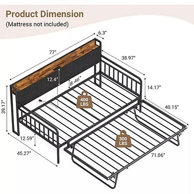 Zevemomo Twin Daybed with Pop-Up Trundle & LED Headboard, Heavy Duty Metal Bed Frame, Black