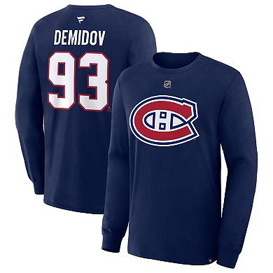 Men's Fanatics Ivan Demidov Navy Montreal Canadiens Authentic Stack Long Sleeve Name & Number T-Shirt
