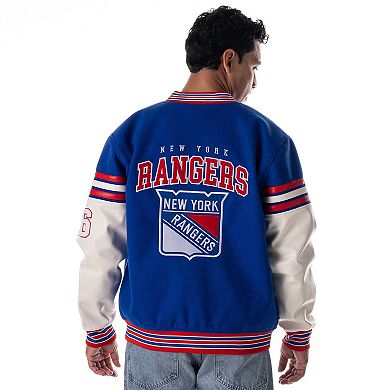 Unisex The Wild Collective Blue New York Rangers Drop Shoulder Full-Snap Varsity Jacket