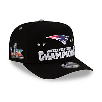 Men's New Era Black New England Patriots 2025 AFC Champions Locker Room Trophy Collection A-Frame 9FIFTY Snapback Hat