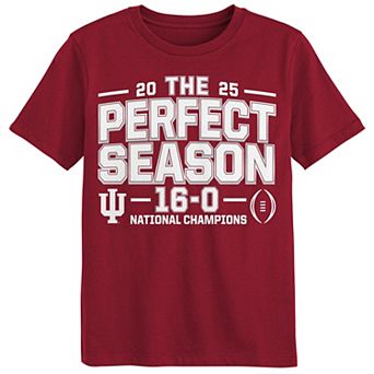 Youth Outerstuff Crimson Indiana Hoosiers College Football Playoff 2025 National Champions Perfect Season T-Shirt