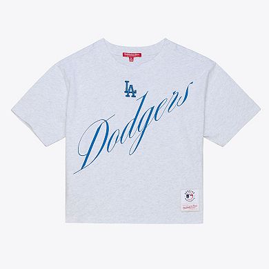 Women's Mitchell & Ness Heather Gray Los Angeles Dodgers Script Cropped Boxy T-Shirt