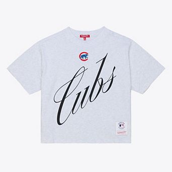 Women's Mitchell & Ness Heather Gray Chicago Cubs Script Cropped Boxy T-Shirt