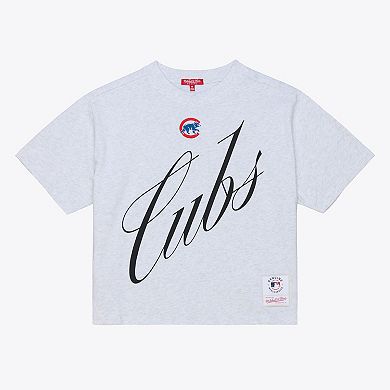 Women's Mitchell & Ness Heather Gray Chicago Cubs Script Cropped Boxy T-Shirt